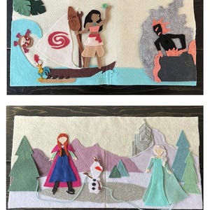 May include: Felt scene depicting characters from the animated films Moana and Frozen. The Moana scene shows Moana, a boat, and Maui's hook. The Frozen scene includes Anna, Elsa, and Olaf, with a snowy mountain backdrop.