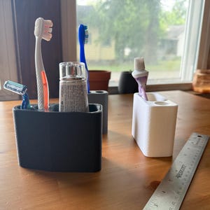 Double Toothbrush and Toothpaste Holder - Textured 3d Printed Toothbrush/Razor Holder - Comes In Black, Gray, White, Blue- Made With PLA