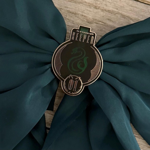 LIMITED EDITION!  Handmade Hair Barette Bow Made with Officially Licensed Slytherin Keeper Theme Park Metal Enamel Decoration!