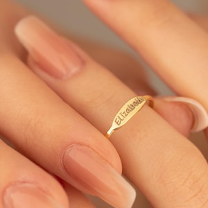 Personalized Gold Dainty Name Ring, 14K Gold Stacking Name Ring, Simple Signet Pinky Ring, Gold Skinny Custom Name Ring, Engraved Band Ring