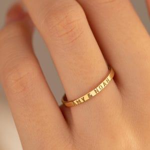 Custom Engraved Skinny Band Ring, Gold Dainty Stacking Name Ring, Handwriting Band Ring, Gold Personalized Stackable Engraved Name Band Ring