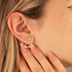 Gold Triangle Earring jackets, Hypoallergenic Gold Jacket Earrings, Gold Dainty Front Back Earring,14K Gold Geometric Studded Ear Jackets