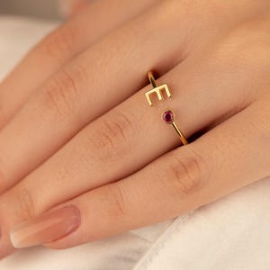 Gold Personalized Initial Birthstone Ring, Custom Gold Initial Ring With Birth Stone, Dainty Letter Ring, Minimalist Letter Birthstone Ring