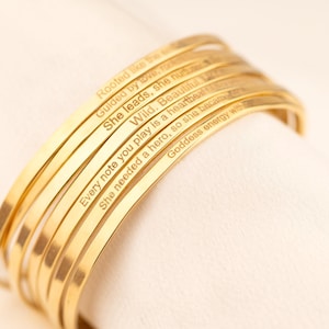 14K Gold Custom Engraved Cuff Bracelet, Personalized Gold Affirmation Cuff Bracelet, Engraved Initial Bangle, Custom Message Cuff Bracelet