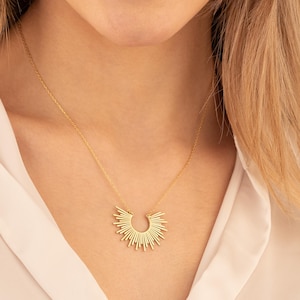 Sunburst Gold Boho Necklace, Sunbeam Gold Pendant, Celestial Half Sun Necklace, Spike Layering Necklace, Gold Sun Goddess Necklace Gift