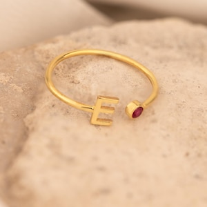 14K Solid Gold Personalized Initial Birthstone Ring, Custom Real Gold Initial Ring Birth Stone, Dainty Letter Ring, Minimalist Letter Ring