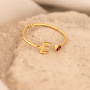 14K Gold Personalised Adjustable Dainty Initial Birthstone Ring, Gold Custom Birthstone Ring with Initials, 14K Gold Anniversary Letter Ring