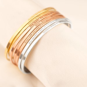 14K Gold Personalised Engraved Affirmation Cuff Bracelet, Custom Message Cuff Bracelet, Gold Stacking Skinny Bracelet, Inspirational Bangles