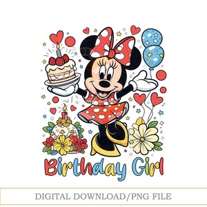 Peut inclure: Illustration color&eacute;e d'un personnage de dessin anim&eacute; tenant un g&acirc;teau. Le personnage porte une robe et un n&oelig;ud &agrave; pois rouges. Les mots "Birthday Girl" sont &eacute;crits en lettres color&eacute;es. Ballons, c&oelig;urs et &eacute;toiles entourent le personnage.