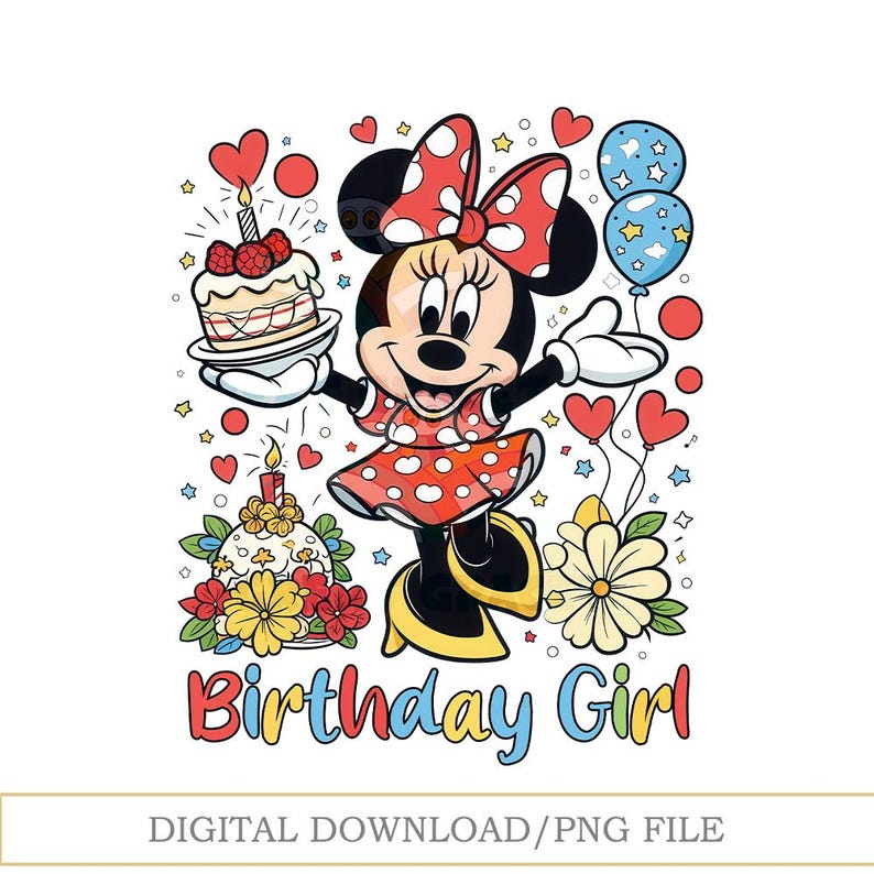 Peut inclure: Illustration color&eacute;e d'un personnage de dessin anim&eacute; tenant un g&acirc;teau. Le personnage porte une robe et un n&oelig;ud &agrave; pois rouges. Les mots "Birthday Girl" sont &eacute;crits en lettres color&eacute;es. Ballons, c&oelig;urs et &eacute;toiles entourent le personnage.