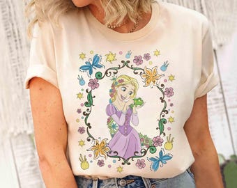 Princesa Disney Rapunzel con flores (Png), Chica Disney (Png), Camiseta de vacaciones en Disneyland, Princesa de viaje a Disney World (Png), Camiseta Rapunzel (Png)