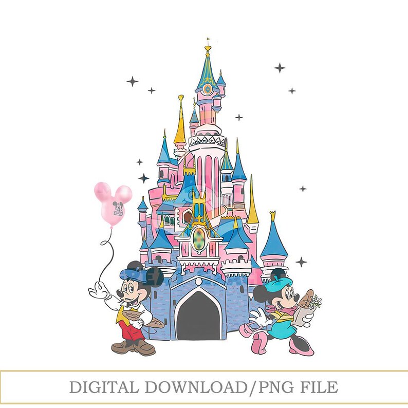 Może przedstawiać: Akwarelowa ilustracja r&oacute;żowego i niebieskiego zamku z Myszka Miki i Myszka Minnie. Miki trzyma drewnianą deskę, a Minnie niesie bagietkę. R&oacute;żowy balon Myszki Miki unosi się w powietrzu. Tekst "DIGITAL DOWNLOAD/PNG FILE" na dole.