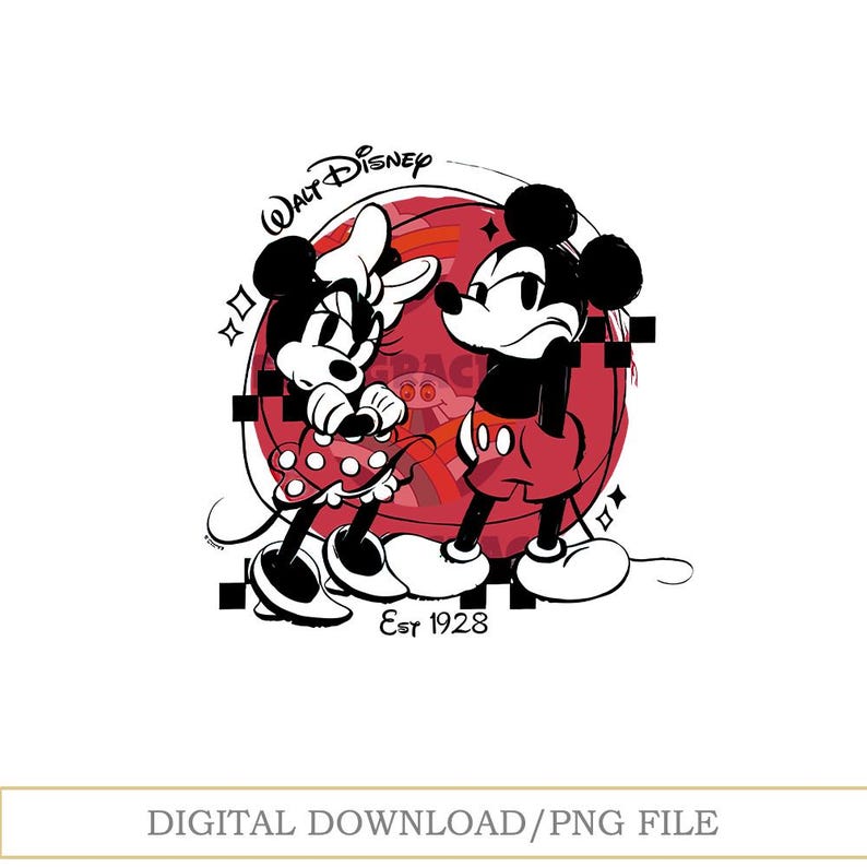 May include: A black and red graphic featuring Mickey and Minnie Mouse. Minnie wears a red polka dot dress, while Mickey sports red shorts. The image includes the text "Walt Disney" and "Est 1928" on a white background.