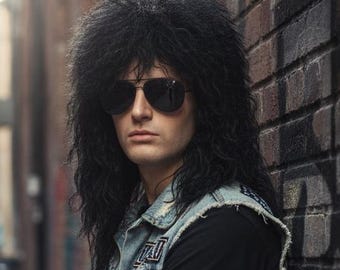 80s Rocker Mullet Wig | Black Curly Synthetic Fiber Hair for Parties