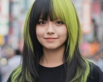 Black & Fluorescent Green Split Dye Wig | Emo Punk Style
