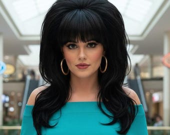 Peggy Bundy 80s Beehive Wig | Long Wavy Black Costume Hair | Vintage Housewife Cosplay Halloween
