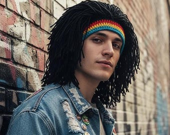 Dreadlock Wig Beanie - Crochet Rasta Hat, Woolen Yarn, Costume Party Hip Hop Dance