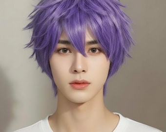 Short Purple Cosplay Wig | Spiky Anime Hair | femboy wig mens