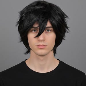 May include: A black wig with layered, slightly tousled hair. The wig has a side-swept fringe and a natural-looking hairline. The person in the image is wearing a black crew neck shirt.