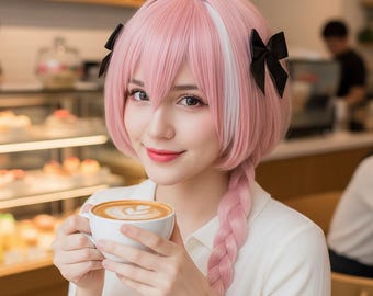 Astolfo Cosplay Wig with Braids & Bows | Pink Anime Hair | Heat Resistant Synthetic Fiber