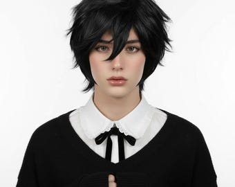 Short Black Cosplay Wig | Mens Anime Wig Emo Goth Hair Femboy