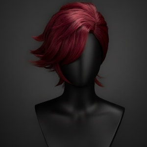 May include: A burgundy-colored wig with a short, layered style. The wig is displayed on a black mannequin head, showcasing the side-swept bangs and textured layers. The hair has a natural shine.