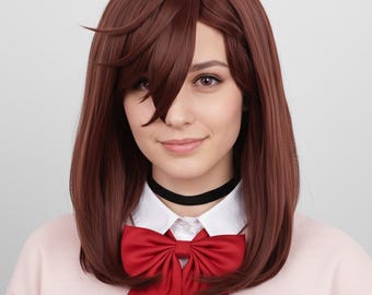 Momo Ayase Cosplay Perücke Mit Ohrringen – Mittellang, Braun, Hitzebeständig Bis 200°C, Verstellbar