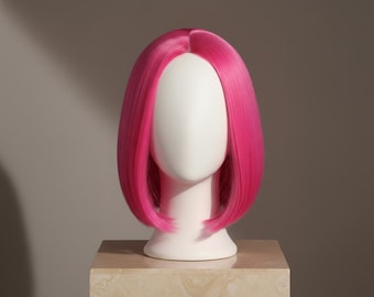 Hot Pink Bob Wig with Bangs | Short Straight Synthetic Hair | Heat Resistant Fiber