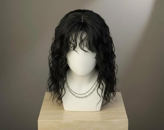 80s Rocker Wig | Long Curly Black Synthetic Hair, Cosplay