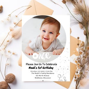 Editable 1st Birthday Photo Invitation, Minimal First Birthday Invite Template, Boy First Birthday Invitation, Instant Download - Remi