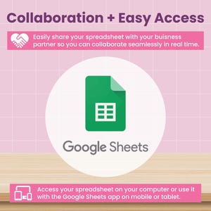 May include: An image promoting Google Sheets, featuring a green spreadsheet icon within a white circle. Text reads "Collaboration + Easy Access" and "Google Sheets." Pink banners provide additional information about sharing and accessing spreadsheets.