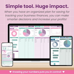 May include: A digital financial planning graphic displayed on a laptop, tablet, and smartphone. The screens show charts and data tables in shades of pink, green, and purple. Text at the top reads "Simple tool. Huge impact."