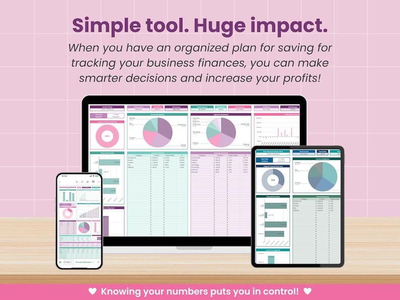 May include: A digital financial planning graphic displayed on a laptop, tablet, and smartphone. The screens show charts and data tables in shades of pink, green, and purple. Text at the top reads "Simple tool. Huge impact."