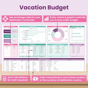 May include: A digital vacation budget planner with charts and graphs. The planner includes sections for exchange rates, travel expenses, and daily spending. Text on the image says "Vacation Budget", "Auto Calculations - No math required!", and "Enter transactions in your home currency."
