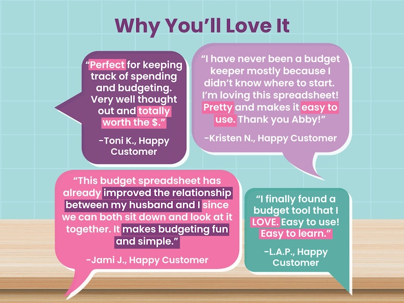 Op de afbeelding: Afbeelding met de tekst "Why You'll Love It" en getuigenissen van klanten over een budgettool. Citaten staan in tekstballonnen met klantnamen. De achtergrond is lichtblauw met een houten tafel.