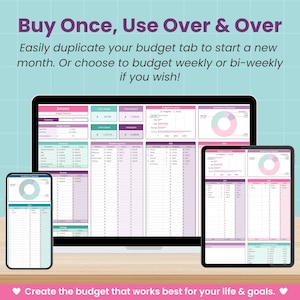 Op de afbeelding: Een digitaal budgetteringssjabloon weergegeven op een laptop, tablet en smartphone. De schermen tonen een spreadsheet met roze, paarse en blauwgroene kleurgecodeerde secties. Bovenin staat de tekst "Buy Once, Use Over & Over". De tekst onderaan luidt "Create the budget that works best for your life & goals."