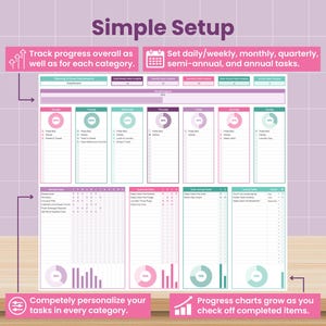 May include: A planner with a simple setup, featuring pink, green, and purple sections for tracking tasks. The planner includes charts, progress trackers, and the text "Simple Setup". It allows for daily, weekly, monthly, and annual task management.