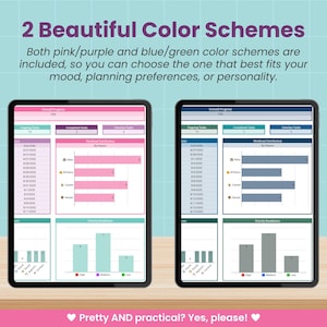 May include: Two tablets displaying planning dashboards with pink/purple and blue/green color schemes. The text reads "2 Beautiful Color Schemes" and "Pretty AND practical? Yes, please!" The dashboards show task progress and breakdowns.