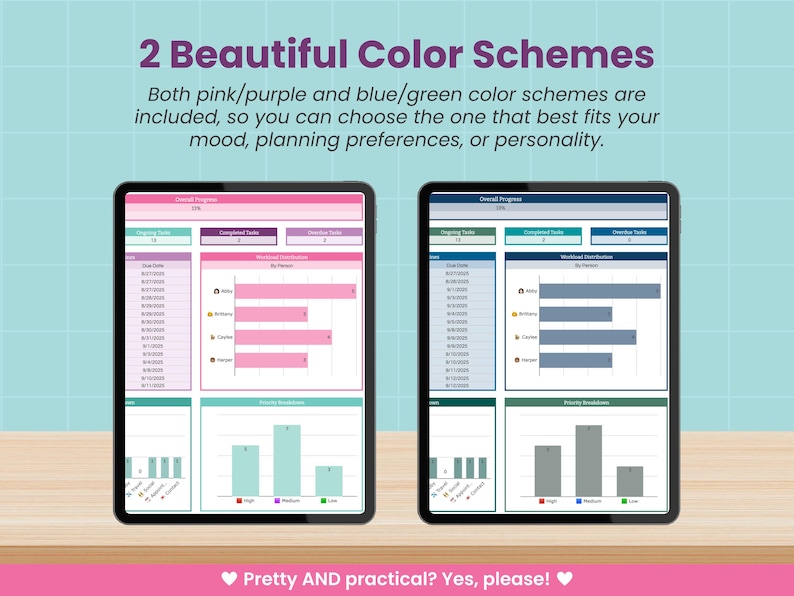 May include: Two tablets displaying planning dashboards with pink/purple and blue/green color schemes. The text reads "2 Beautiful Color Schemes" and "Pretty AND practical? Yes, please!" The dashboards show task progress and breakdowns.