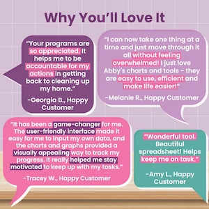 May include: Image with the text "Why You'll Love It" and customer testimonials in speech bubbles. Quotes highlight ease of use, accountability, and visual appeal of the programs. The background is a light purple grid.