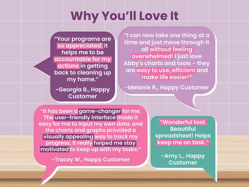 May include: Image with the text "Why You'll Love It" and customer testimonials in speech bubbles. Quotes highlight ease of use, accountability, and visual appeal of the programs. The background is a light purple grid.