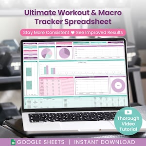 Könnte beinhalten: Ein Laptop-Bildschirm zeigt eine Workout- und Makro-Tracker-Tabelle mit verschiedenen Diagrammen, Grafiken und Datentabellen in Rosa-, Lila- und Türkistönen. Ein türkisfarbener runder Aufkleber in der Ecke zeigt den Text Thorough Video Tutorial.