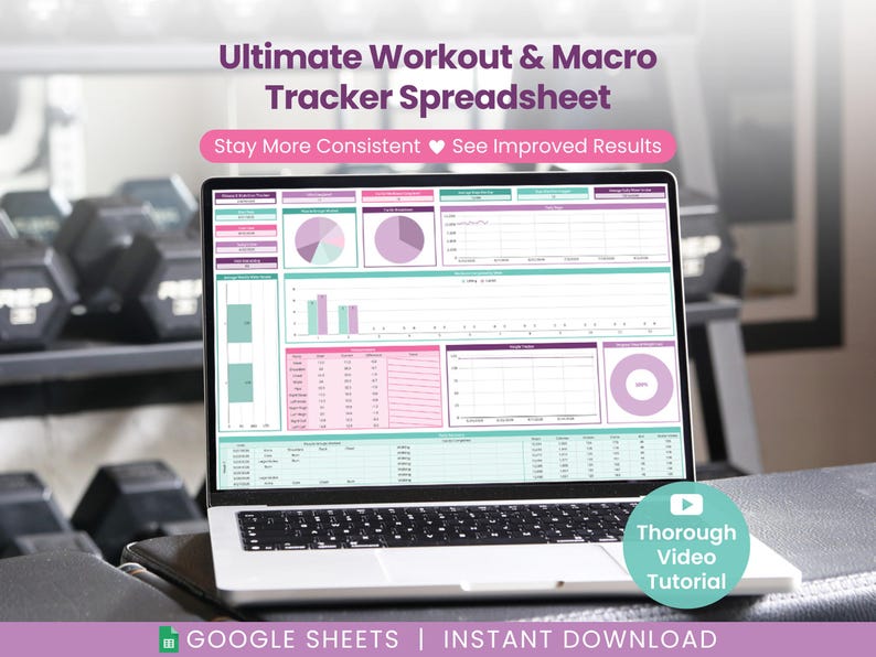 Puede incluir: Una pantalla de port&aacute;til que muestra una hoja de c&aacute;lculo de seguimiento de entrenamiento y macros con varios gr&aacute;ficos, diagramas y tablas de datos en tonos rosa, morado y turquesa. Una insignia circular turquesa indica Thorough Video Tutorial.