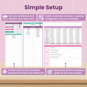 May include: A digital spreadsheet template with a pink and teal color scheme. The template includes sections for setting a fiscal year start date, customizing income and expense categories, tracking business accounts, and setting profit goals. Text on the image reads "Simple Setup."