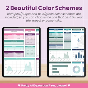 May include: Two tablets displaying travel dashboards with pink/purple and blue/green color schemes. Each tablet shows charts, calendars, and data fields for trip planning. Text at the top reads "2 Beautiful Color Schemes". The bottom text says "Pretty AND practical? Yes, please!"