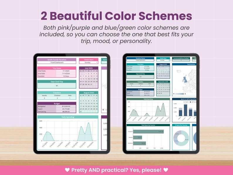 May include: Two tablets displaying travel dashboards with pink/purple and blue/green color schemes. Each tablet shows charts, calendars, and data fields for trip planning. Text at the top reads "2 Beautiful Color Schemes". The bottom text says "Pretty AND practical? Yes, please!"