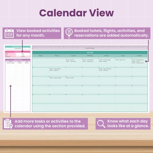 May include: A digital calendar view with the title "Calendar View" at the top. The calendar displays a monthly view with options to view booked activities, add tasks, and see daily schedules. The image includes text that says "Booked hotels, flights, activities, and reservations are added automatically."