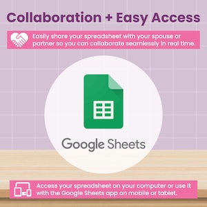 May include: Image promoting Google Sheets, featuring a green spreadsheet icon within a white circle. Text reads "Collaboration + Easy Access" and "Google Sheets." Pink banners highlight sharing and mobile access.
