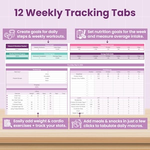 Puede incluir: Una plantilla digital de seguimiento de fitness y nutrici&oacute;n con 12 pesta&ntilde;as semanales. El dise&ntilde;o incluye secciones para pasos diarios, entrenamientos semanales, objetivos nutricionales, ingesta diaria promedio, registro de ejercicios y comidas.