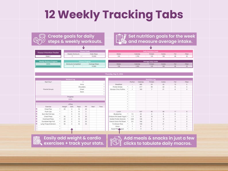 Puede incluir: Una plantilla digital de seguimiento de fitness y nutrici&oacute;n con 12 pesta&ntilde;as semanales. El dise&ntilde;o incluye secciones para pasos diarios, entrenamientos semanales, objetivos nutricionales, ingesta diaria promedio, registro de ejercicios y comidas.